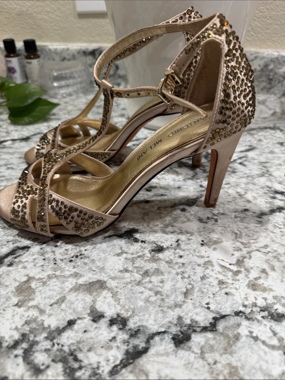 ANTONIO MELANI Champagne Sequin T-Strap High Heels